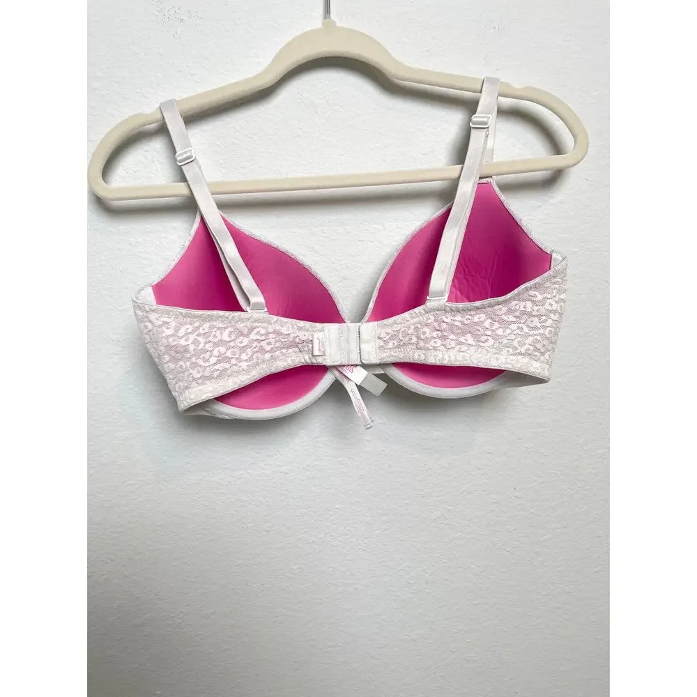 PINK Victoria’s Secret 36DD Bra White Lace Leopard Hot Print  Pink Lining